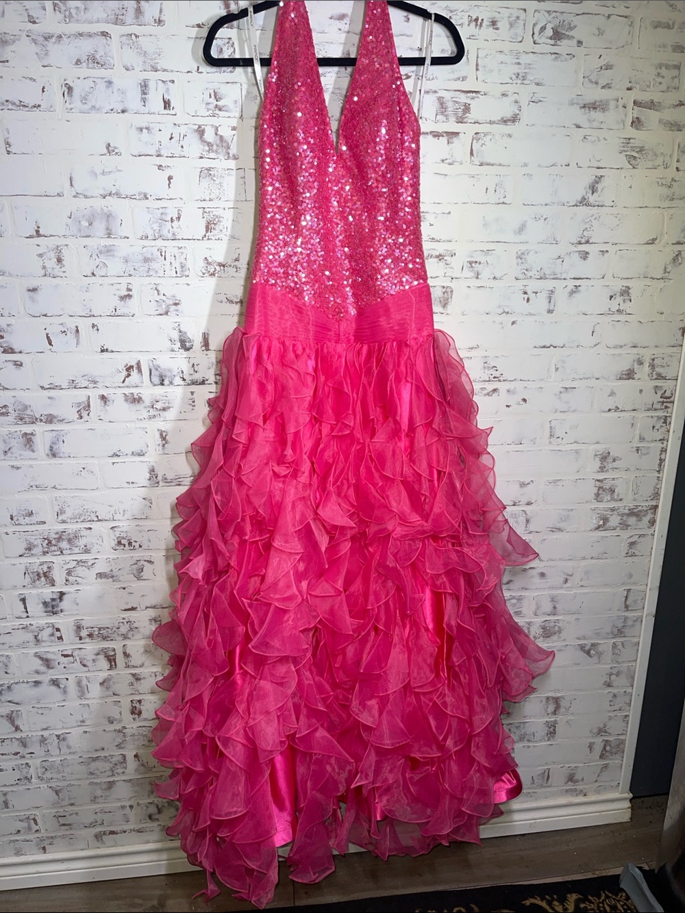 Jovani Hot Pink Barbiecore Sequin Ruffle Halter Gown Size 4